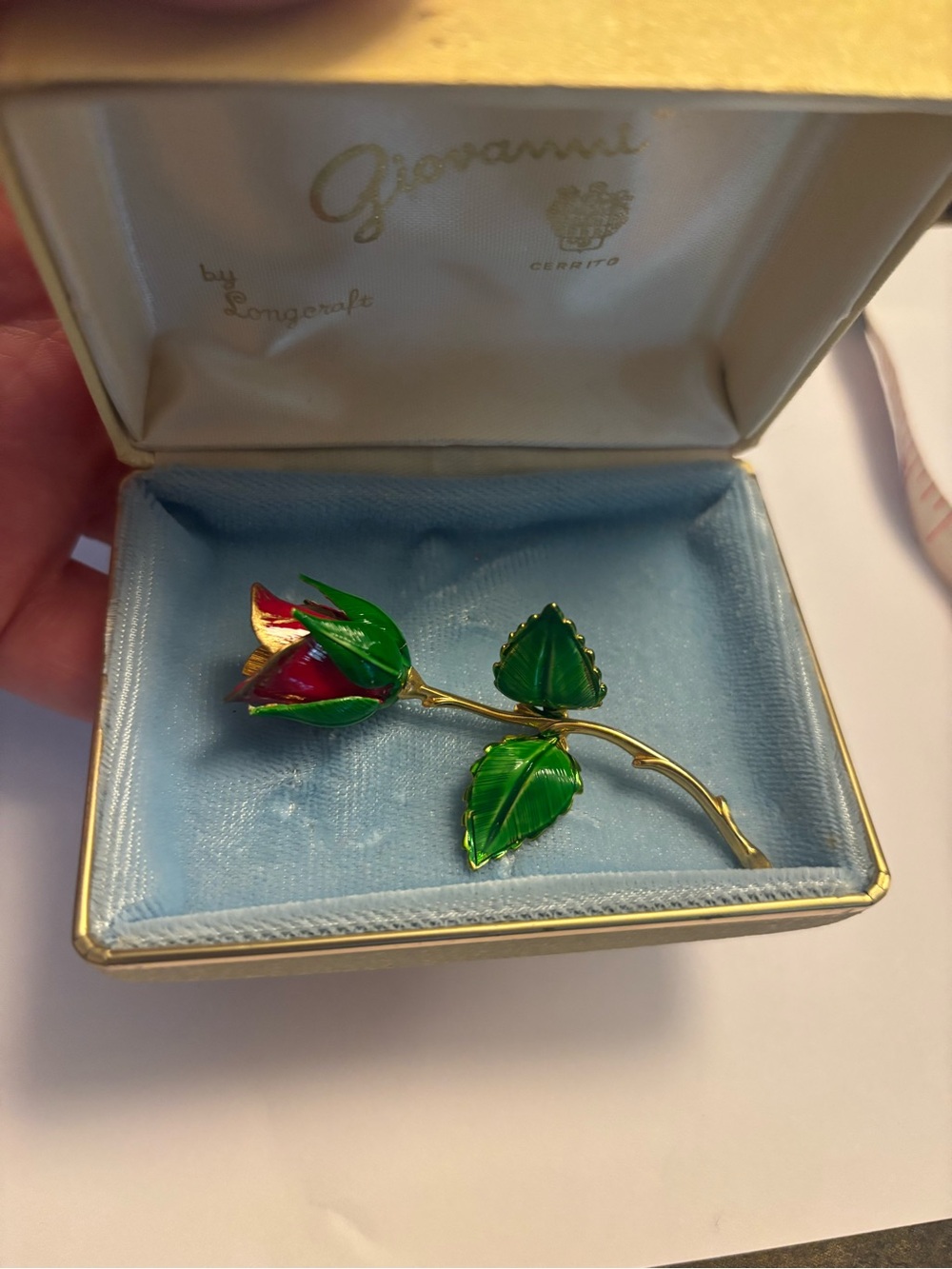 Giovanni Gold-Tone Red & Green Enamel (Christmas Rose) Brooch w/original box